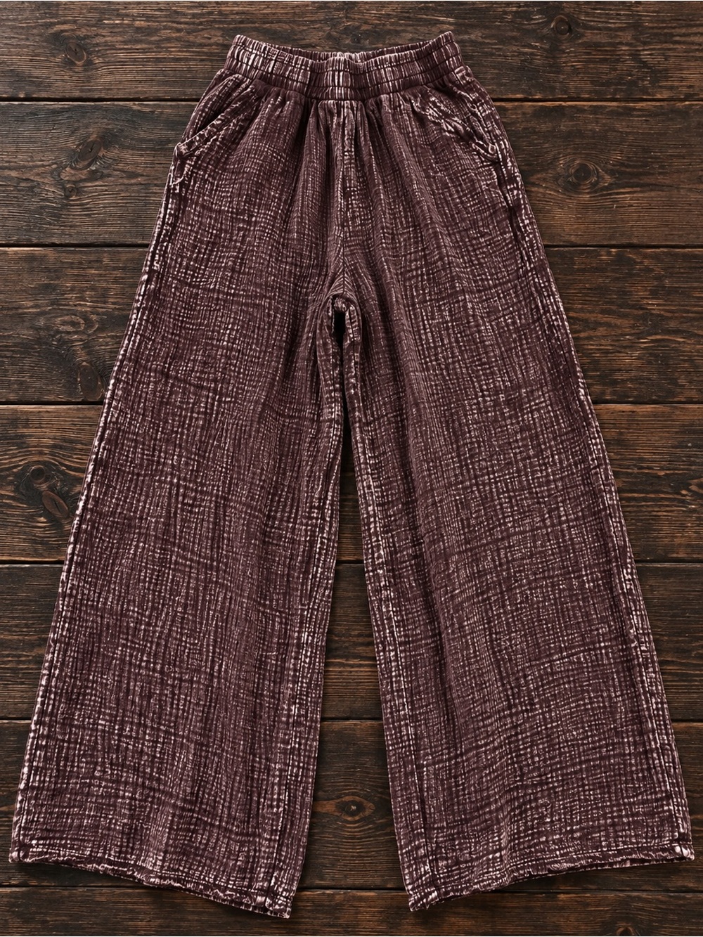 Zenana Washed Mahogany Cotton Gauze Wide Leg Pants